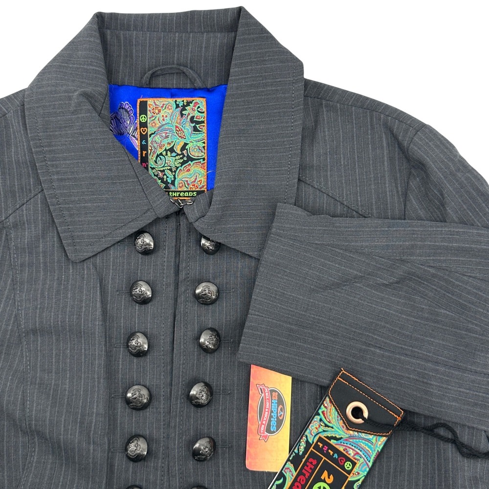 2OH Threads Women's Large Grey Pinstripe‎ Double Breasted Jacket Wool Blend NEW!